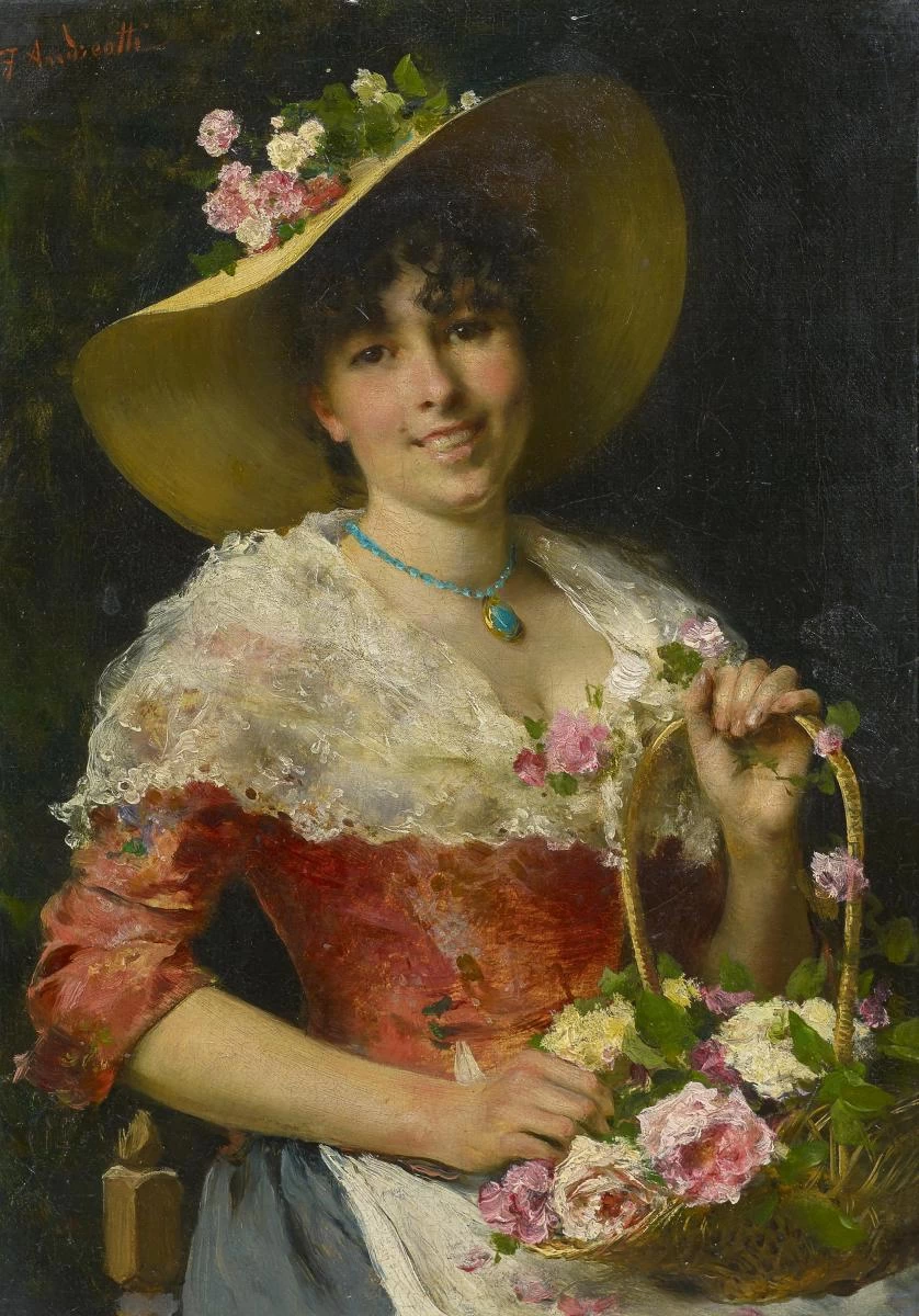 Giovane donna con cesto di rose